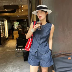 Summer Women Shorts Suit Street Trend Simple Denim Suit Slim Sleeveless Vest Jacket Elastic Waist Short Jeans 2pcs Matching Set