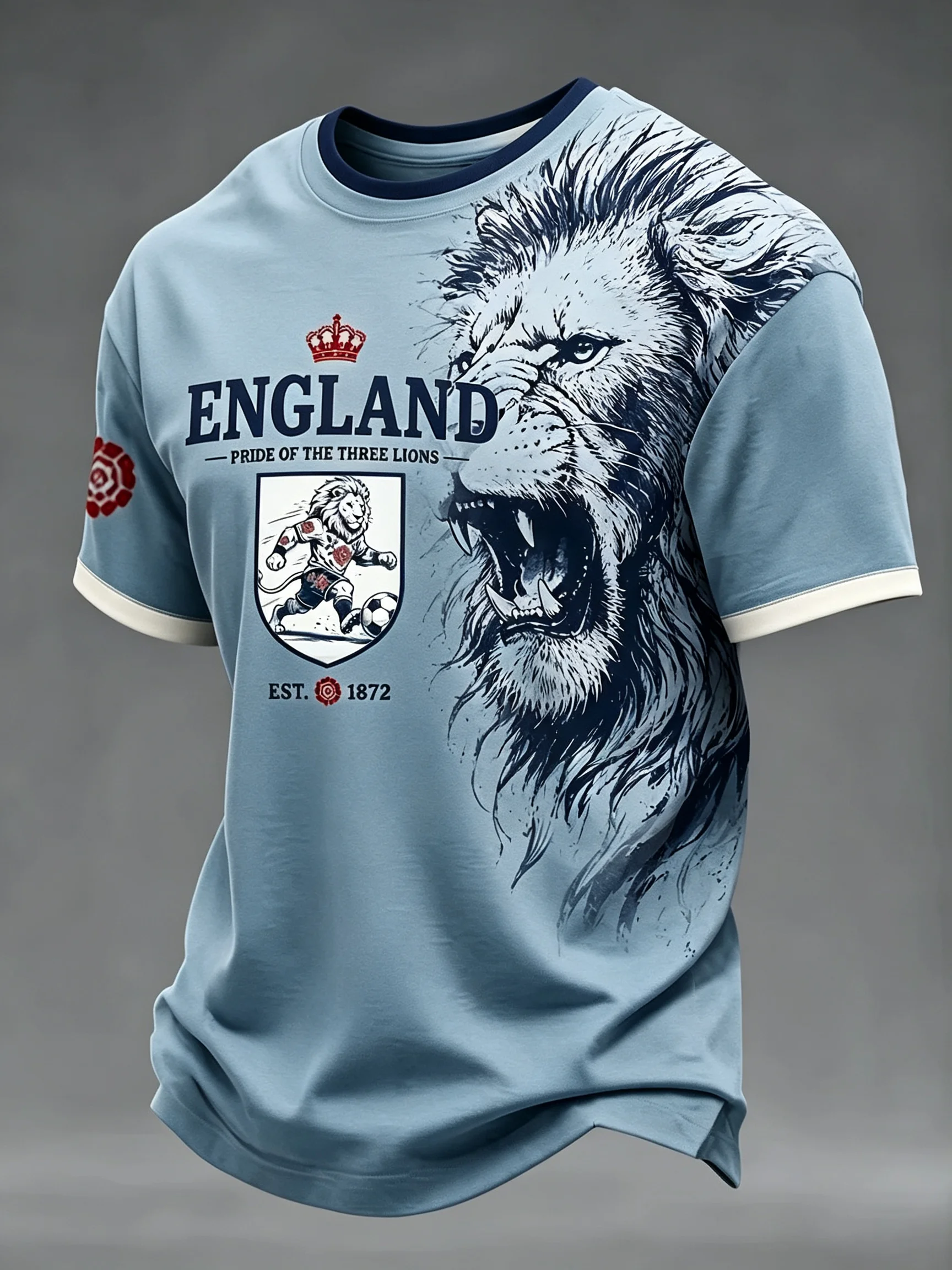 Men's England Three Lions Graphic Short Sleeve T-Shirt, Round Neck Soccer Style Casual Sports Tee