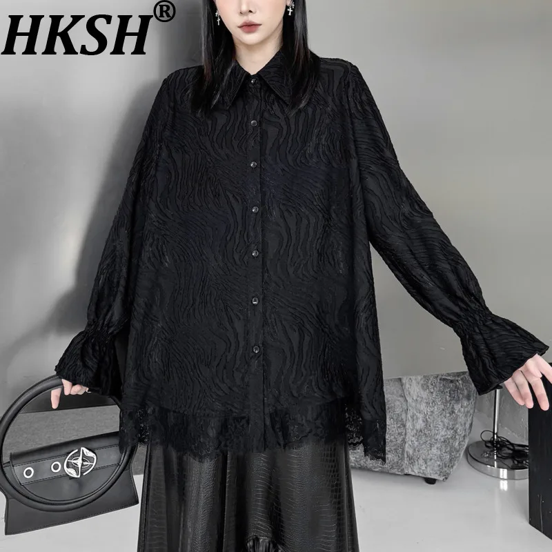 

Женская рубашка HKSH с длинными рукавами, пэчворк, кружевной подол, драпировка, однобортная, с отложным воротником, темно-синяя, повседневный топ, новинка Весна 2026 HK20266