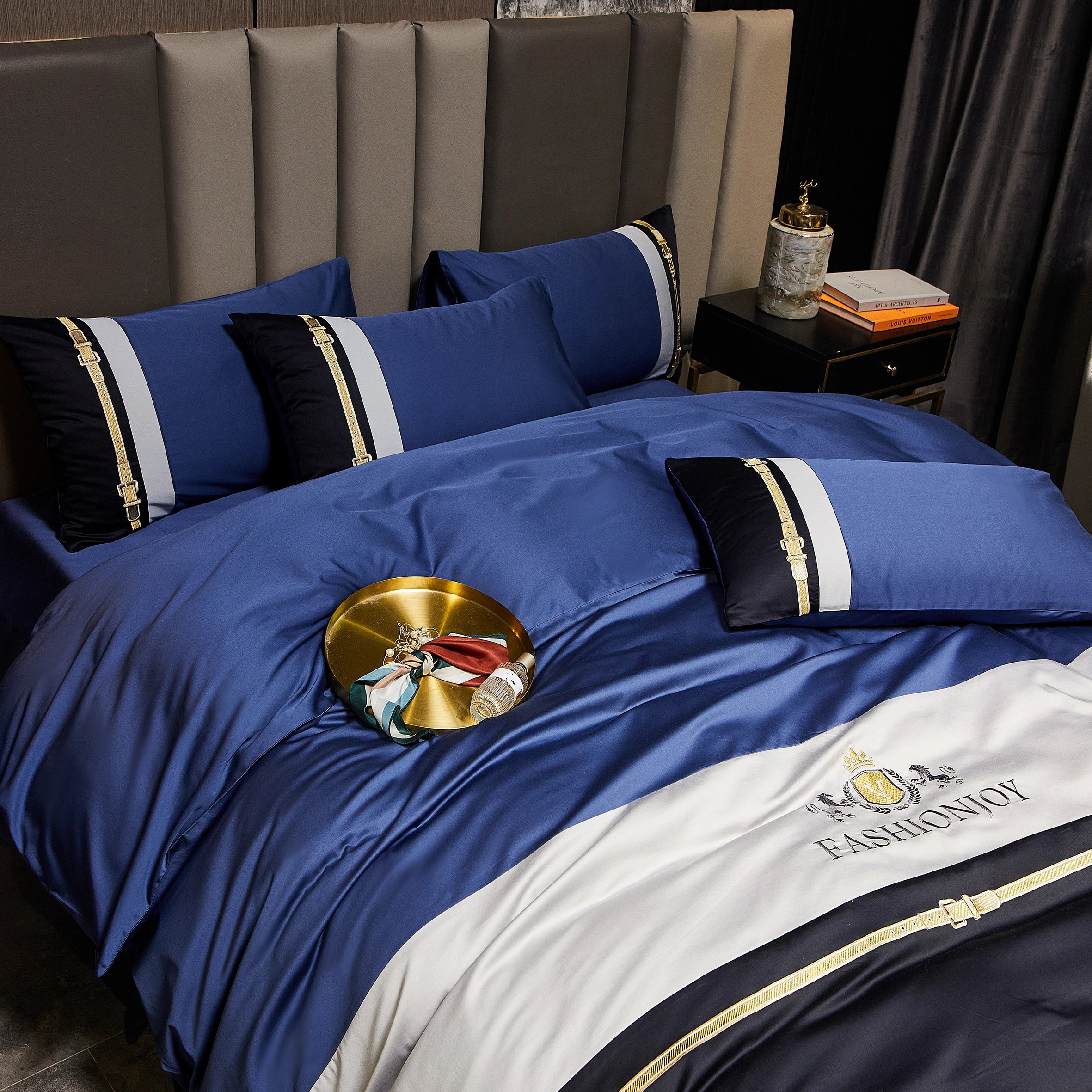 2023 60 Long Velvet Embroidery Striped Color Matching Four-piece Set Of Pure Cotton Luxury Bedding Can Be Customized Blue White