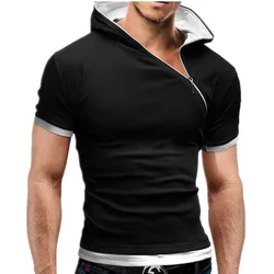 2023 New Men's Zipper Shirt Tops Tees Summer Cotton V Neck Short Sleeve T Shirt Men Fashion Hooded Slim T Shirts