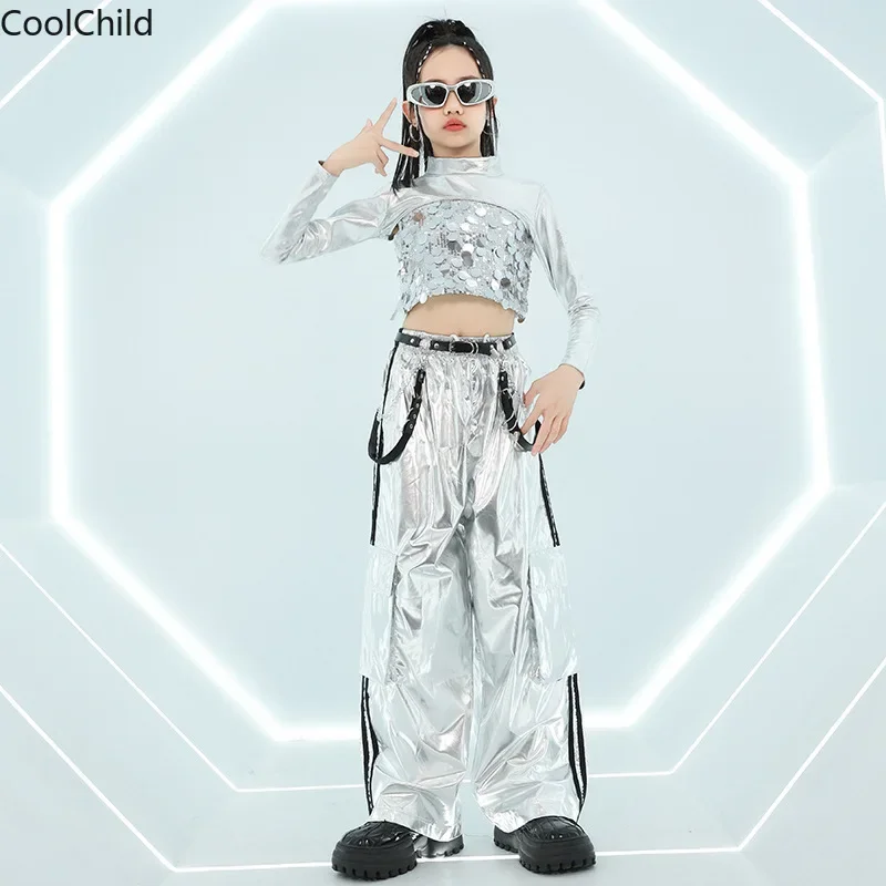 Girls K-pop Sequin Crop Top Street Dance Silver Cargo Pants Kids Streetwear Children Jazz Costumes Shiny Hip Hop Clothes Sets