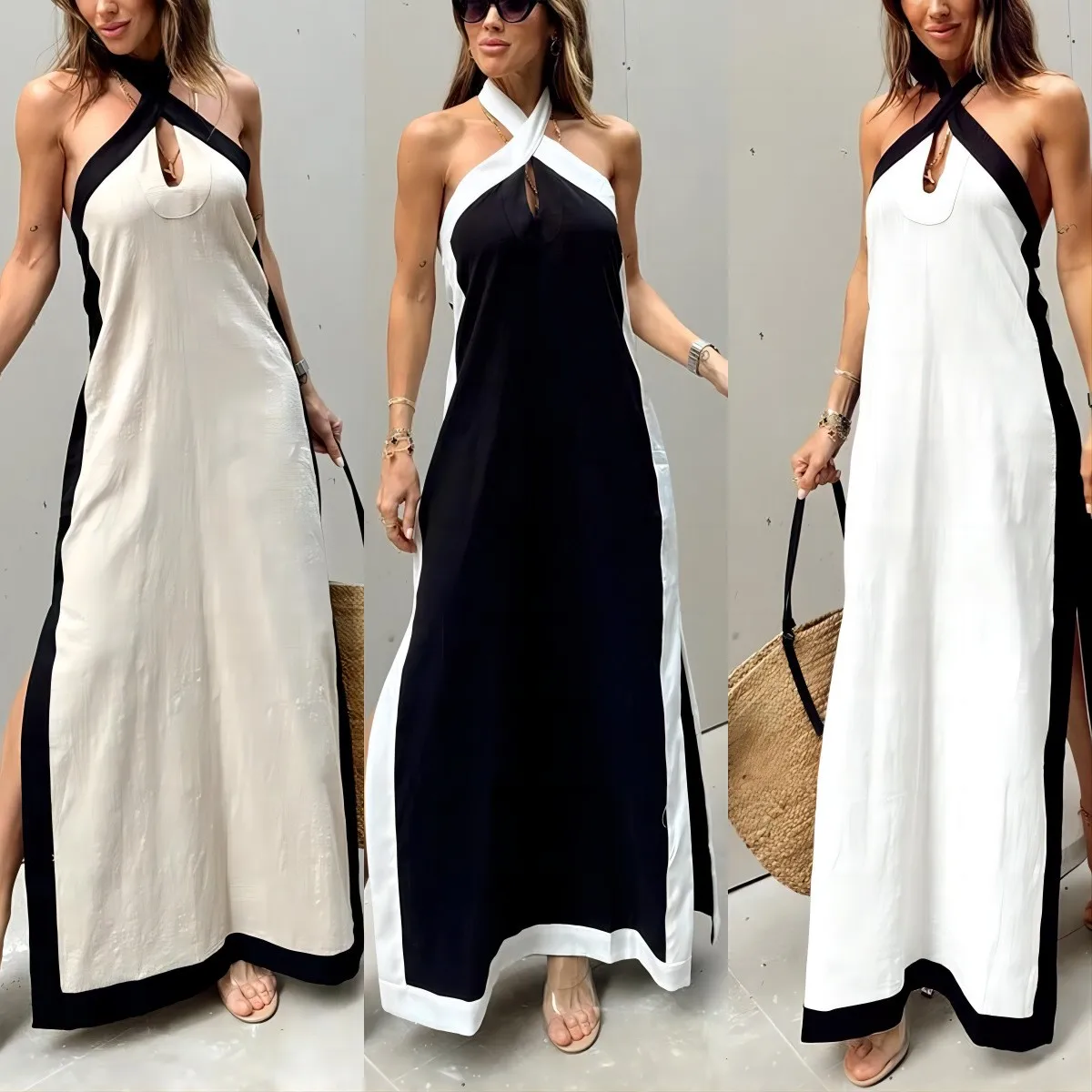 

Summer Woman Dress Halter Neck Dresses Sleeveless High Waist Maxi Dress Split Side Slit A Line Dress Black And White Women's