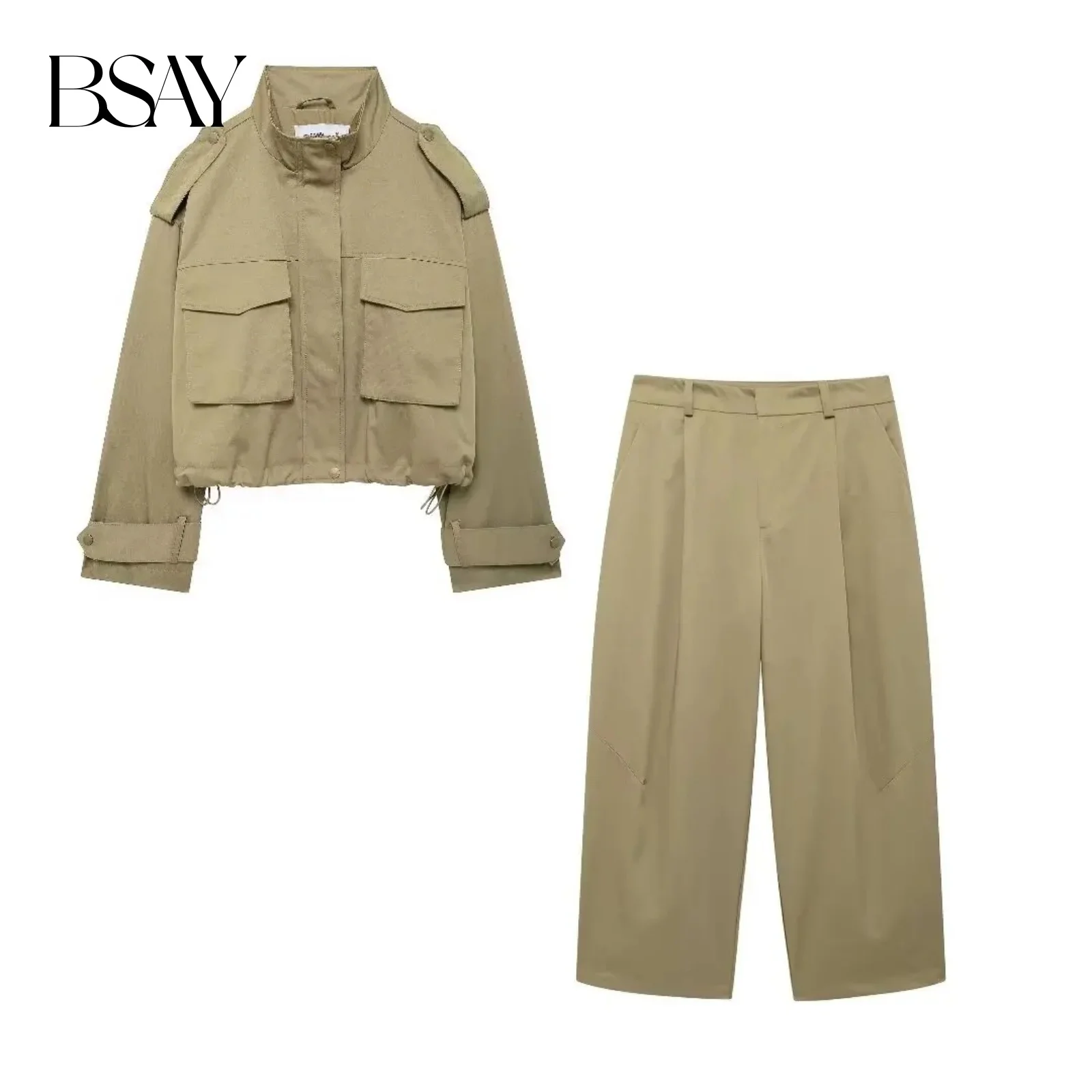 

BSAY женская модная водолазка на шнурке с карманом и длинными рукавами на молнии, женские плиссированные брюки с высокой талией, комплект из двух предметов