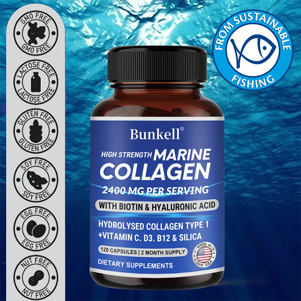 Marine Hydrolyzed Collagen - Contains Hyaluronic Acid, Biotin, Vitamin C, B6, B5, B12, D3 and 3 Mineral Hydrolyzed Supplements