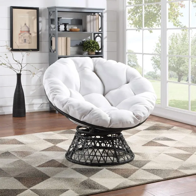 

Wicker Papasan Chair with 360-Degree Swivel, Grey Frame with White Cushion