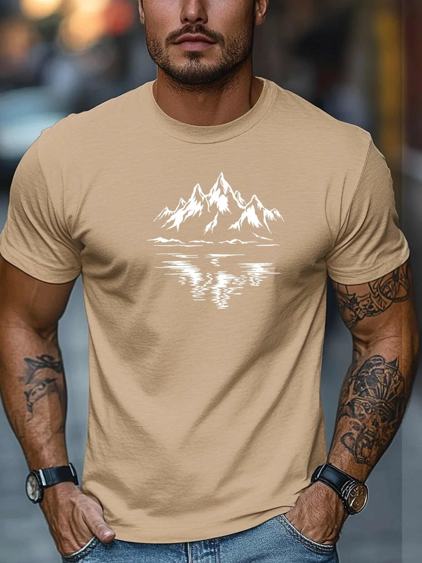 100% Cotton Men's Loose and Breathable Casual Snow Mountain Reflection Pattern Printed Round Neck Short Sleeved T-Shirt