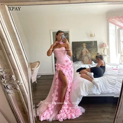 XPAY 3D Flowers Prom Dresses Strapless Split A-Line Customised Arabia Women Evening gowns Formal Special Occasion Dress Vestidos