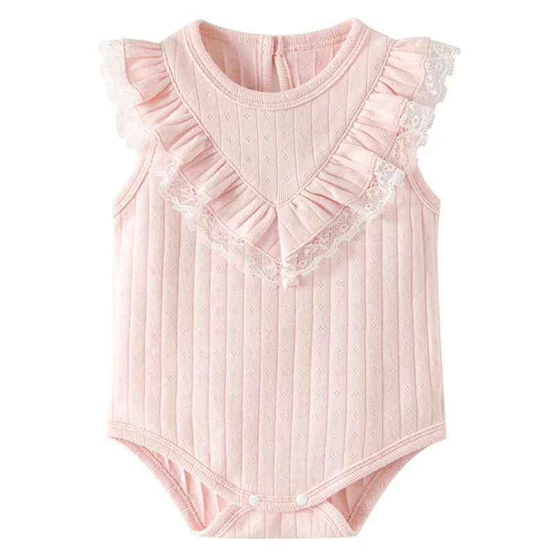 

Summer Newborn Girls Clothes Korean Fashion Lace Cotton Pink Jumpsuits V-neck Sleeveless Bodysuits & One-Pieces Baby Stuff B024