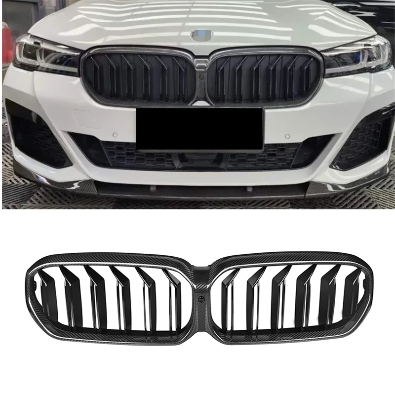 Dry Carbon Fiber Gloss Black Double Slats Front Bumper Grille Fit For Bmw 2021 2023 5 Series G30 4-Door G30 Grill