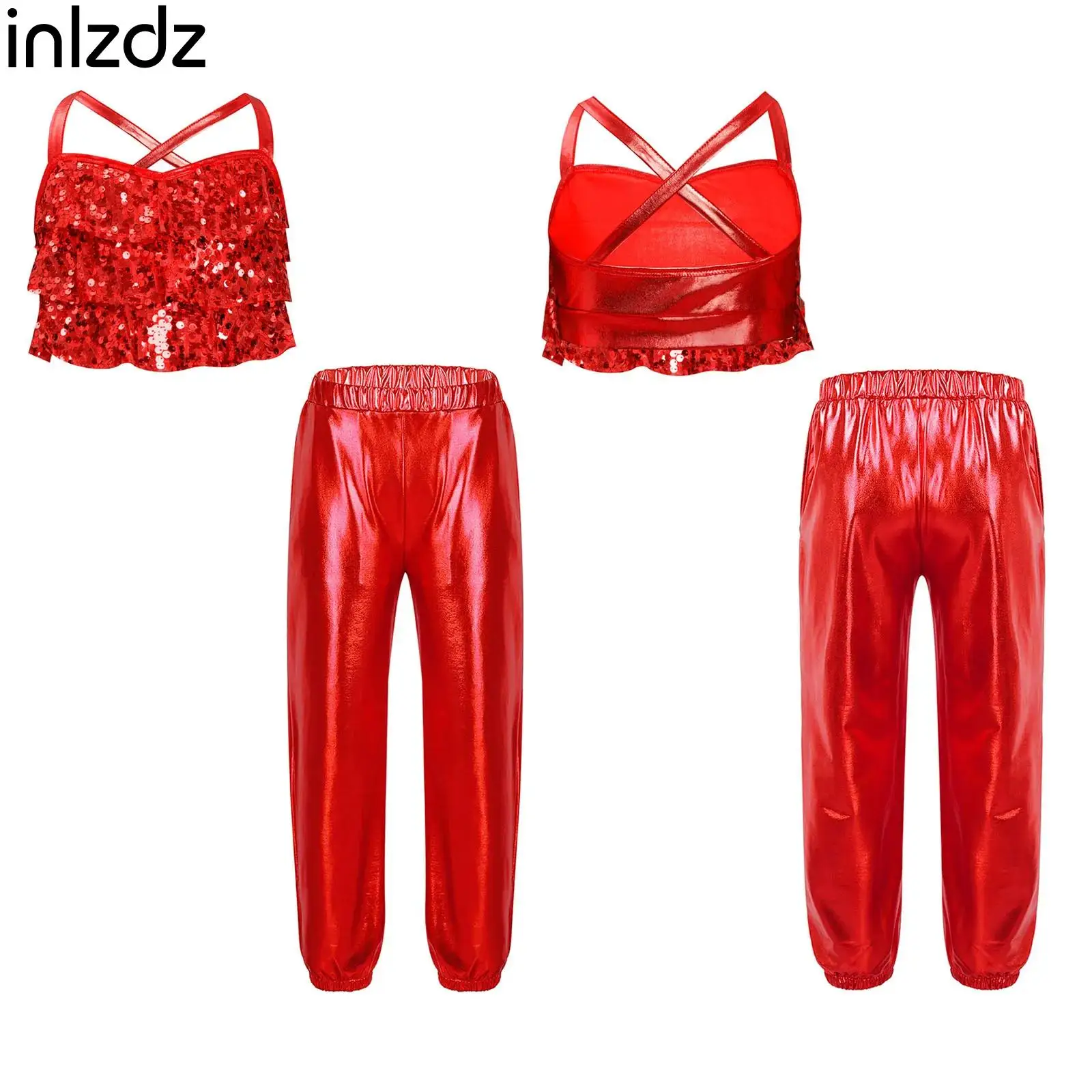 

Kid Girl Jazz Dance Cheerleading Costume Glittery Sequins Cross Back Metallic Crop Top with Pants for Performance Birthday Party