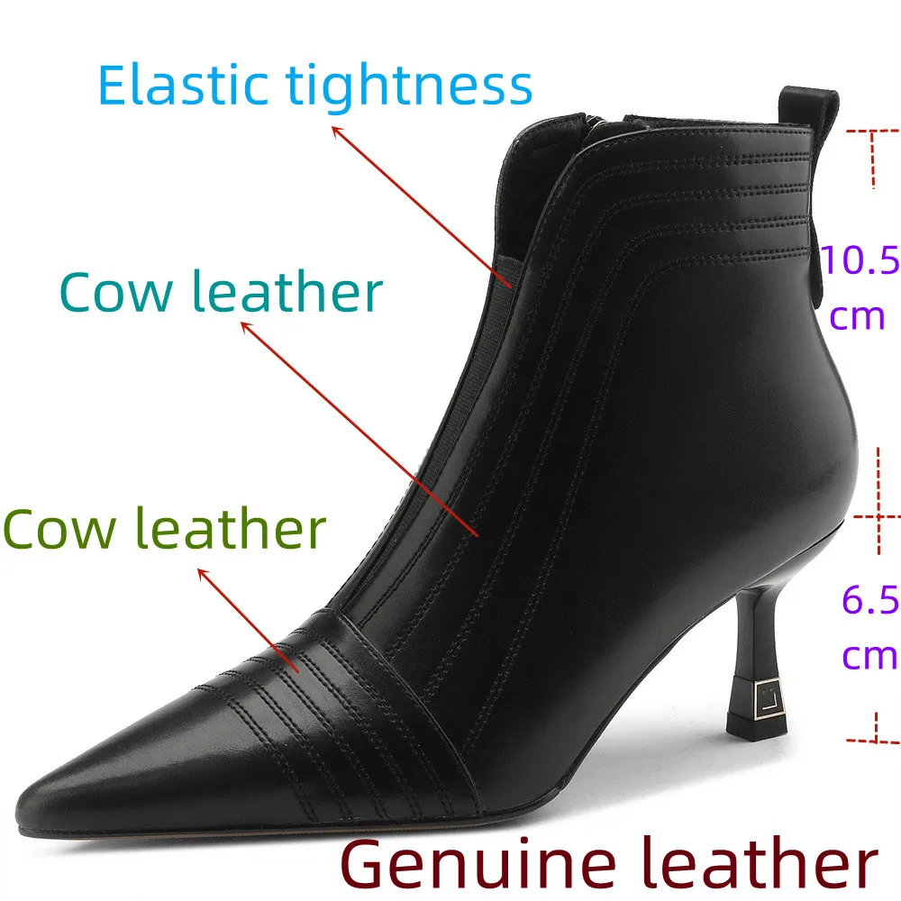 【JOCHEBED HU】Sexy Pointed Toe Women Full Genuine Leather Ankle Boots Slip On Solid Color Super High Thin Heels Handmade For 42