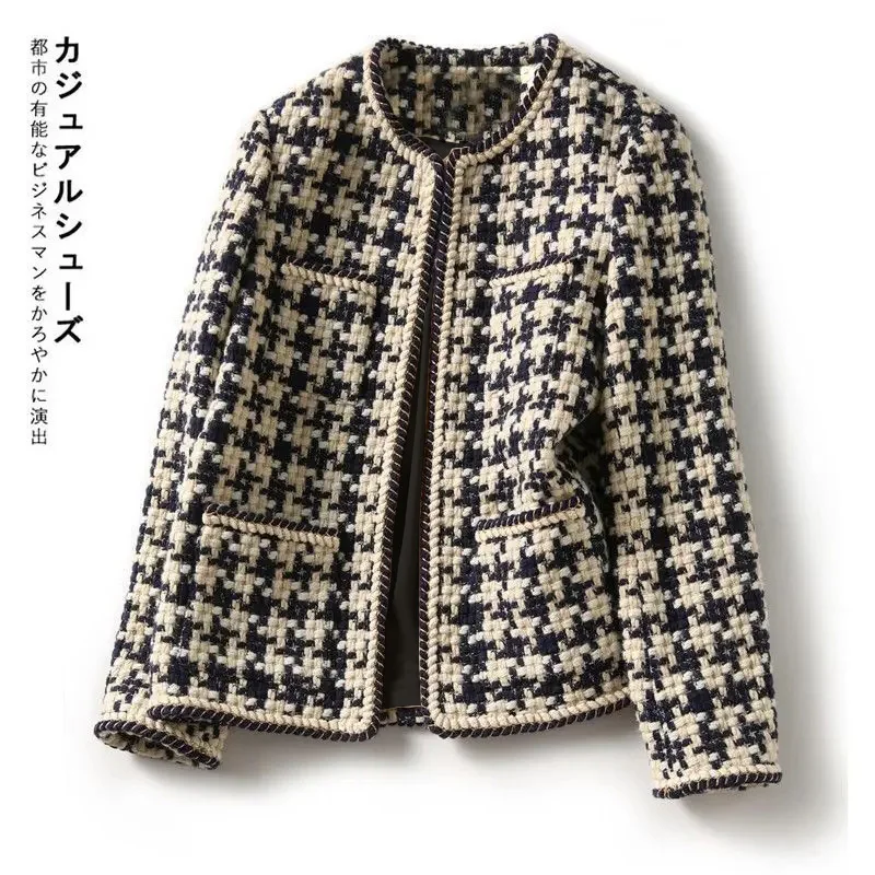 Covered Button Short Jackets Coat For WomenBright Silk Bright Line Decoration Plaid Vintage O-Neck Long Sleeve Women's Jacket