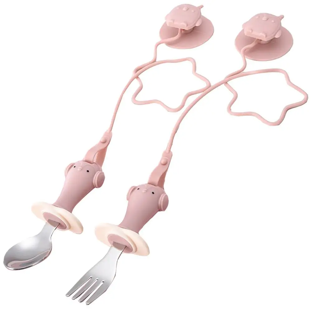 

Baby Silicone Spoon Fork Set Self Feeding Toddler Dining Kids Spoons Forks Anti Drop Chain Suction Cup Travel