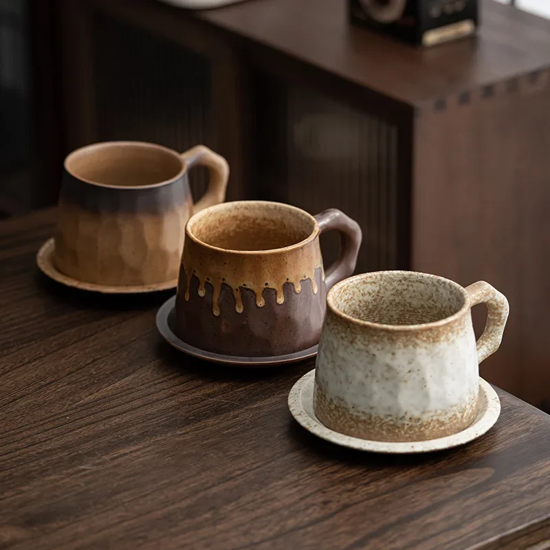 LingAo  Handmade Japanese retro style coarse pottery porcelain coffee Cup set Coffee shop afternoon tea cup wholesale