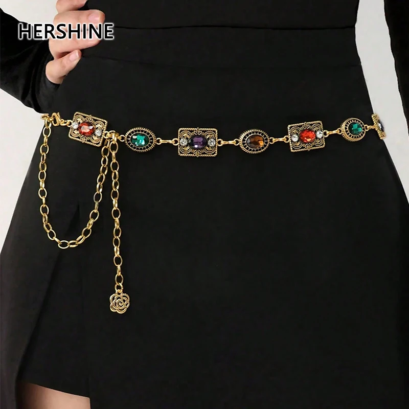 HERSHINE Women's Fashion Colorful Rhinestone Waist Chain, Bohemian Style, Retro Style, Court Style,spring，summer，Christmas