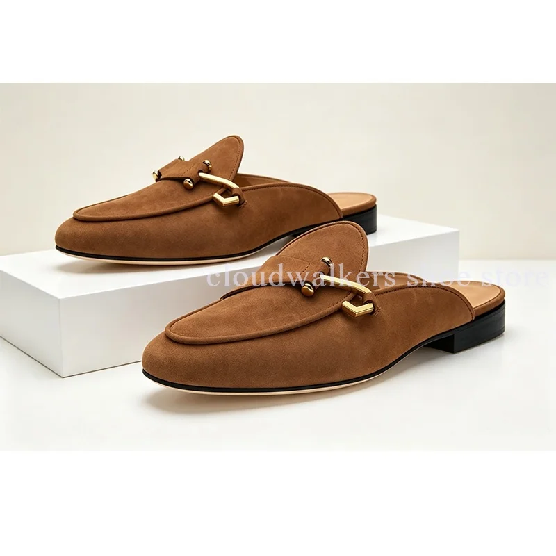 Men Suede Backless Mule Loafer Metal Horsebit Decor Slip On Flat Mule Round Toe Comfort Soft Half Slipper Daily Outdoor
