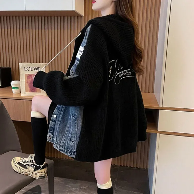 Knitted Cardigan Jacket Women Autumn Winter Korean Version  Fashion Cowboy Splicing Appear Thin Ladies Hooded Sweater Coat A590