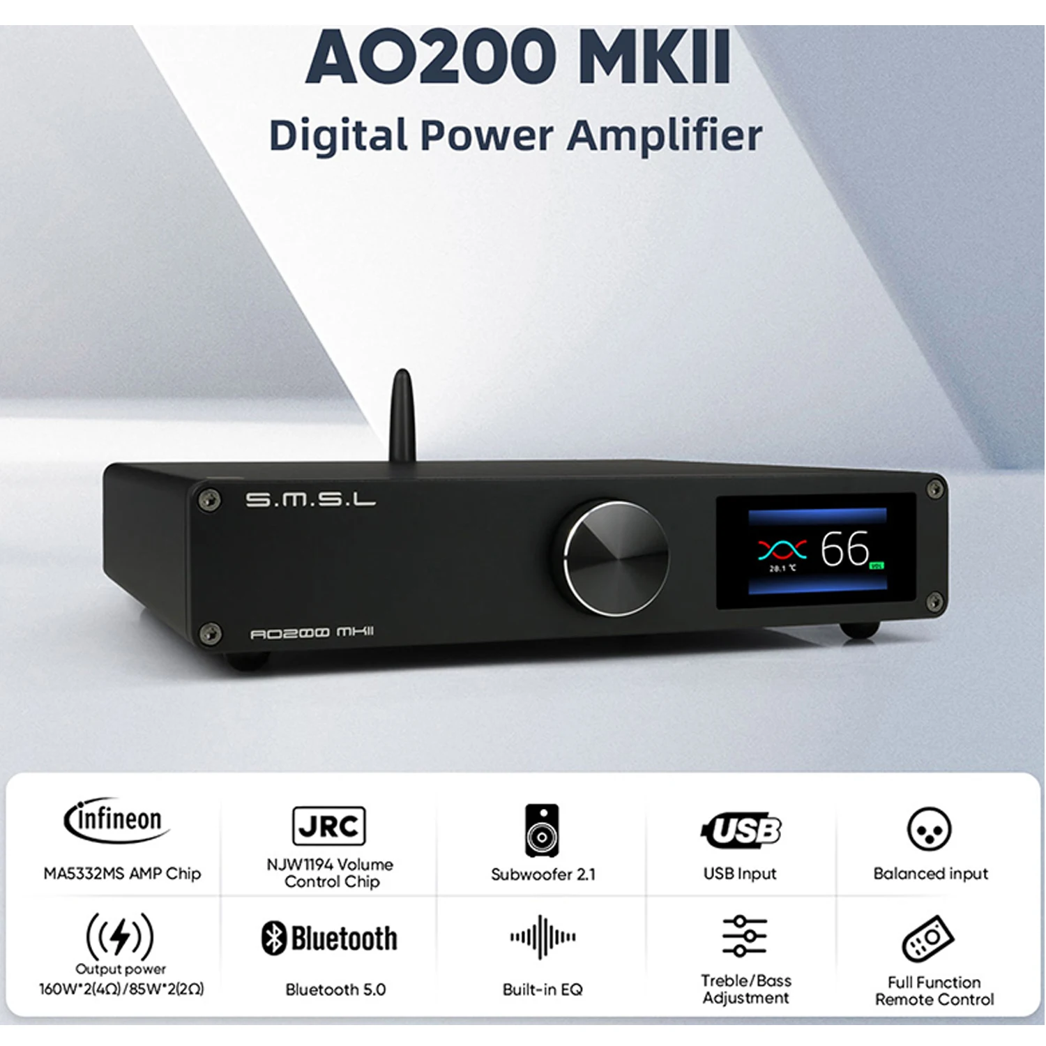 SMSL AO200 MKII HIFI amplificador Digital MA5332MS Chip amplificador estéreo de alta potencia XLR/RCA/USB/Bluetooth 5,0 entrada equilibrada sonido SDB