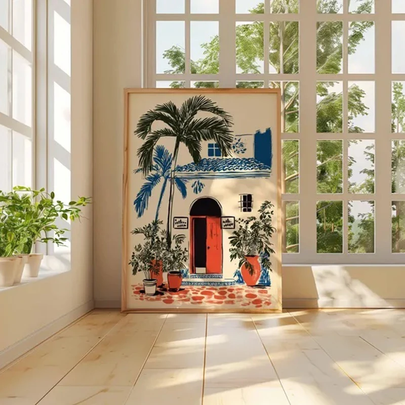 Unframe Moroccan Courtyard Wall Art Print, Bohemian Doorway Lush Green Plants, Exotic Home Decor Poster, Moroccan Courtyard Artw
