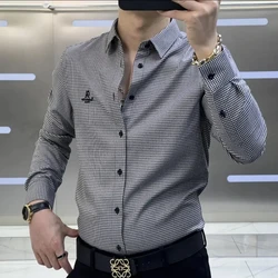 European High-quality Early Autumn Men's New Long Sleeved Checkered Chest Embroidery Craft Shirt, Business Formal Shirt