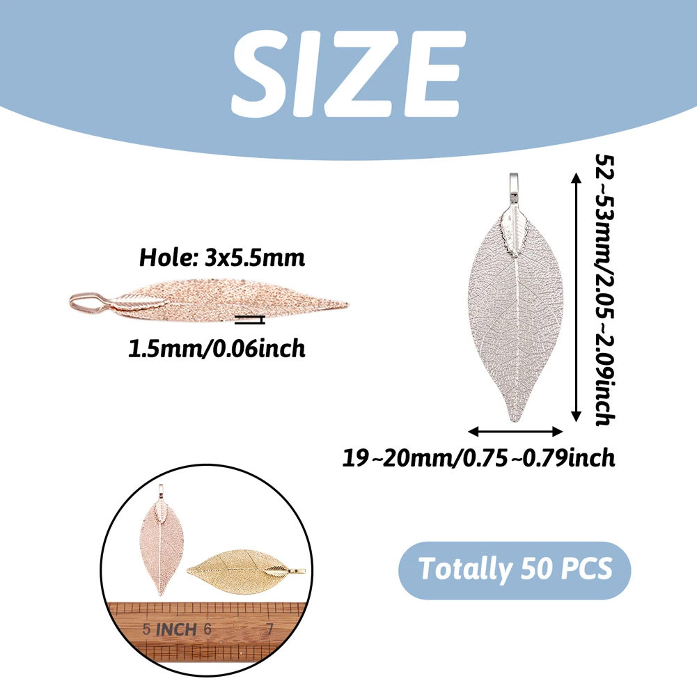 50PCS Electroplated Leaf Big Pendants Mixed Color Natural Leaf for DIY Necklace Earrings Jewelry Making 52~53x19~20x1.5mm