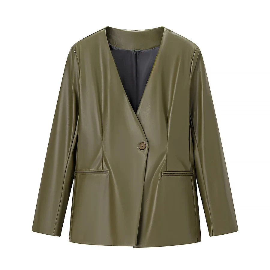 Cappotto slim fit V-Ne in pelle PU Jaet con un bottone ingombrante in vita Autunno Cappotto lungo da pendolarismo da donna nuovo