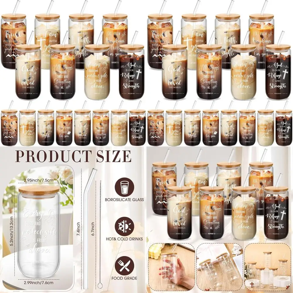 

Набор христианской стеклянной посуды из 16 предметов: крышки, соломинки и кисти для кофе со льдом на 16 унций, вдохновляющие бутылки с водой для мужчин и женщин,