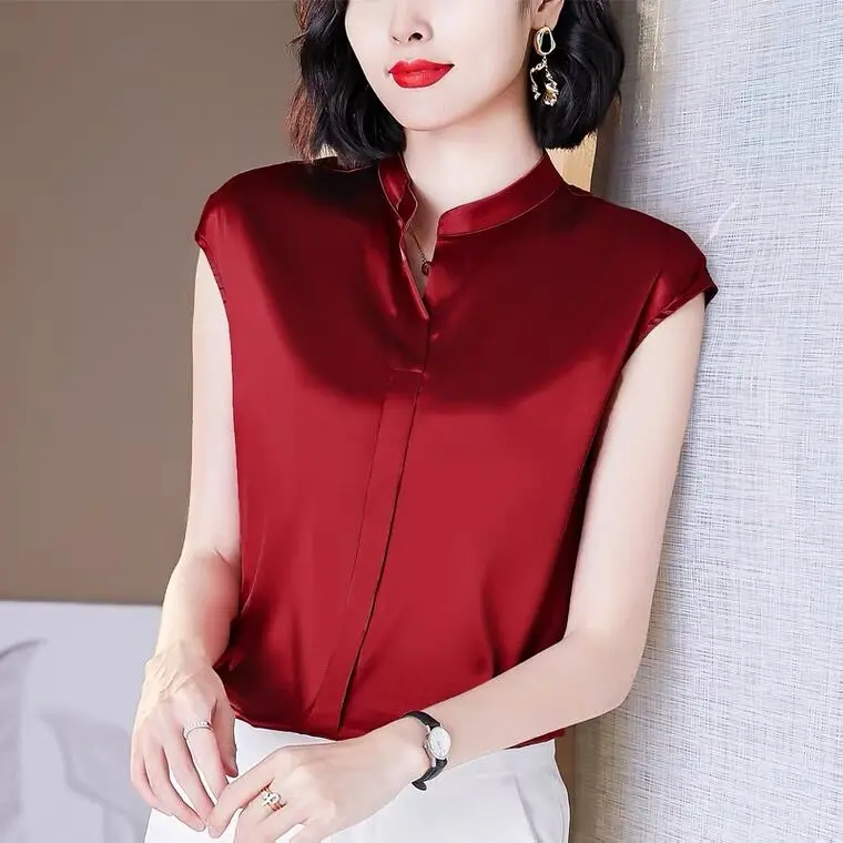 Summer Office Lady Silk Satin plus size korean streetwear Shirt Women\'s stand V Neck Solid Color Elegant Blouses roupas