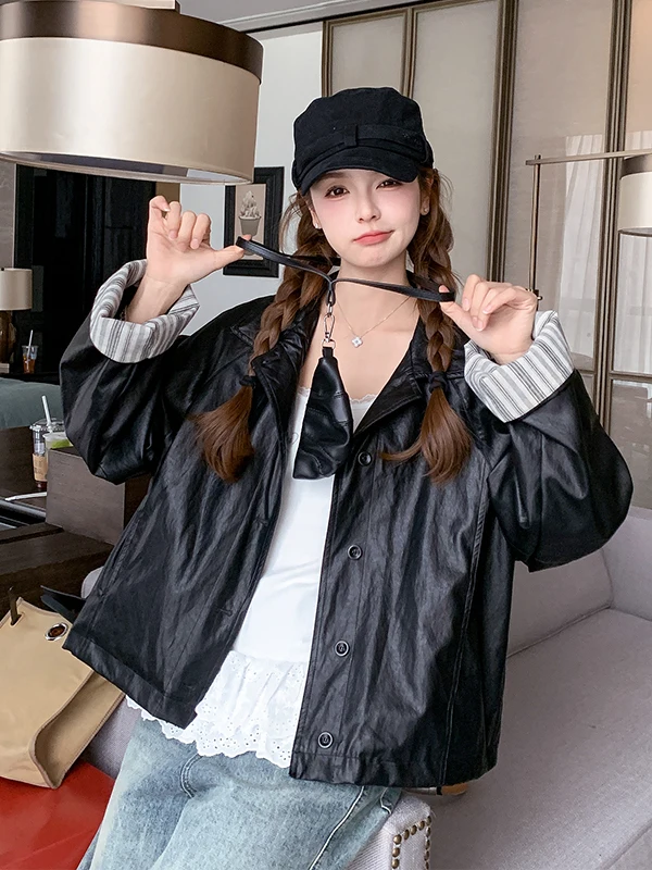 Bla ストライプ スプライシング オート PU レザー ジャケット レディース 春秋 2025 新作 スモールサイズ レザー ジャケット 通勤 スタイル
