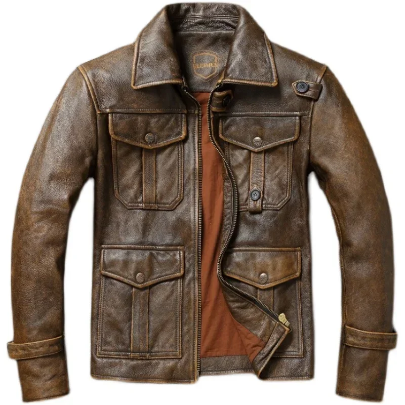 Heavy Milled Vintage Brown Head Layer Real Cowhide Jacket Men Genuine Leather Coat Multi-Pocket Hunting Jackets Biker Coat