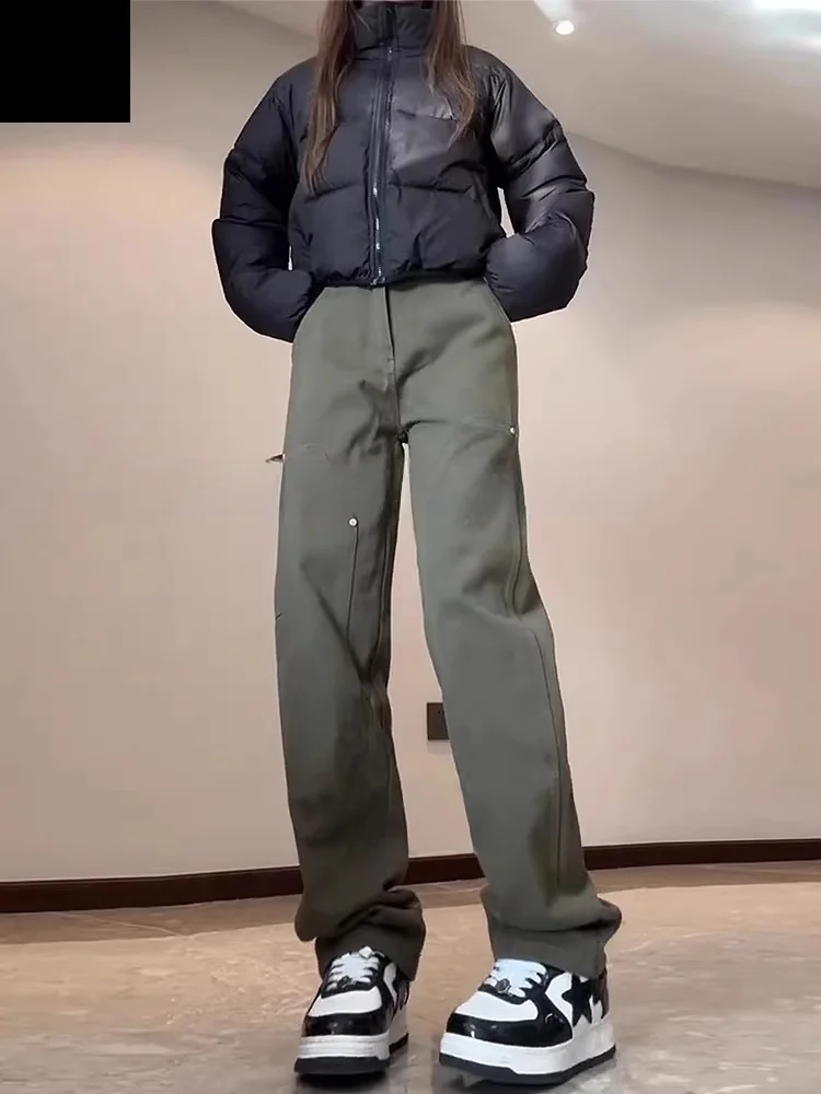 Pantalon cargo pour femme de style militaire rétro américain, printemps automne, jambe droite, effet allongeant les jambes