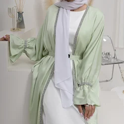 Abaya-abaya quimono de cetim para mulheres, abayas abertas, dubai, planície, manga flare, miçangas, vestido muçulmano, roupa islâmica, kaftan