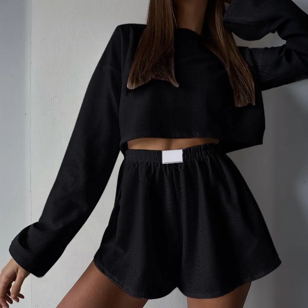 Women Top Shorts Suit Turn-down Collar long Sleeves Blouse Drawstring Elastic Waist Short Pants Outfit 2 Pcs/Set for Jogging