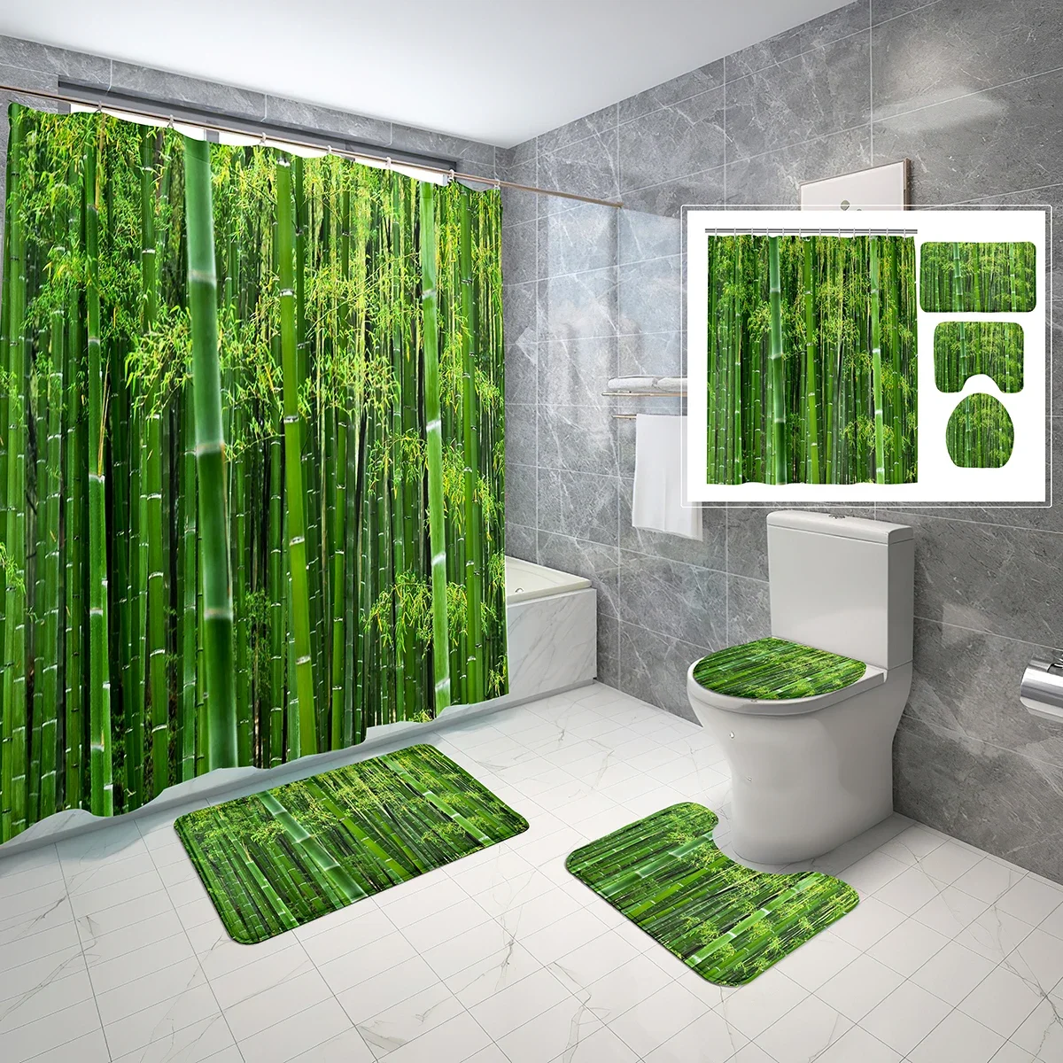 4 PCS Green Bamboo Forest Shower Curtain Set,Jungle Vision Bathroom Waterproof Bath Curtain,Non-Slip Bath Mat Toilet Cover Set