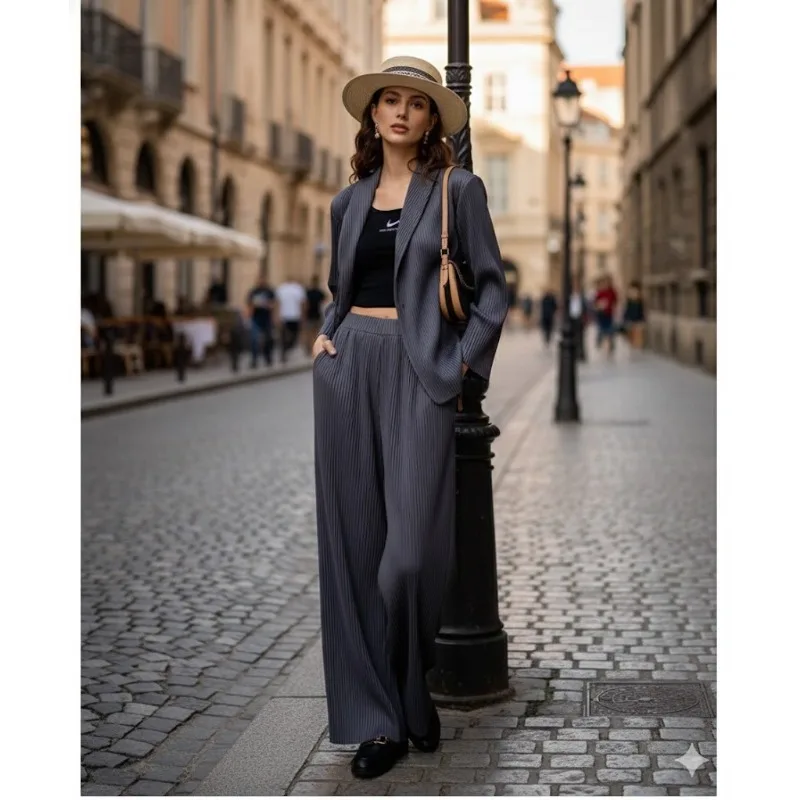 

Костюм с плиссированными брюками Miyake Plisse 2026: Женский весенне-осенний тонкий свободный костюм с широкими брюками, комплект из 2 предметов, минималистичная одежда