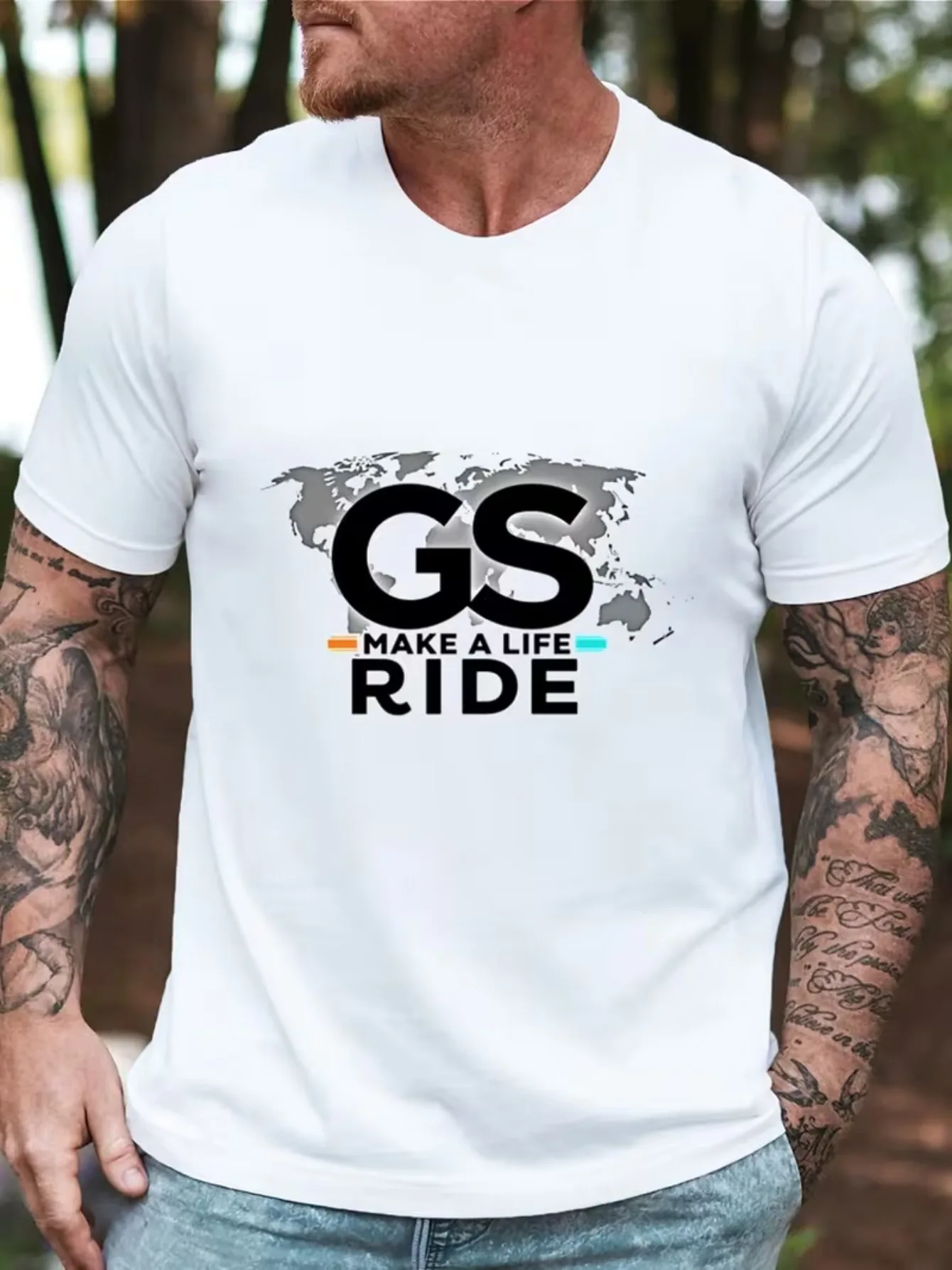 Men's Printed T-Shirt GS MAKE A LIFE RIDE Motorcycle Owner Exclusive World Map Element Hardcore Biker Style Casual Breathable Ri