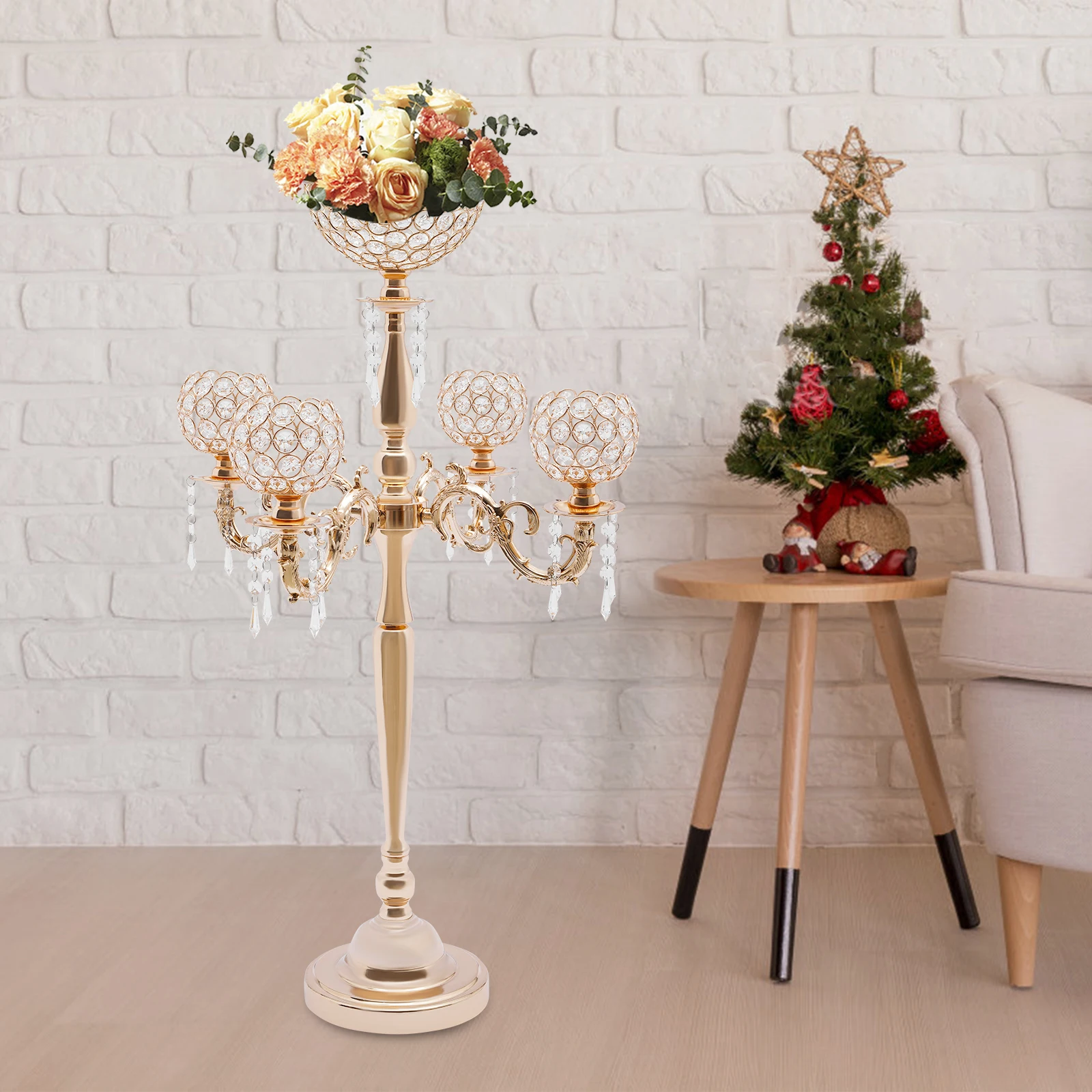 

5-Arm Tabletop Candle Holder with Flower Vase Crystal Candle Stand Gold