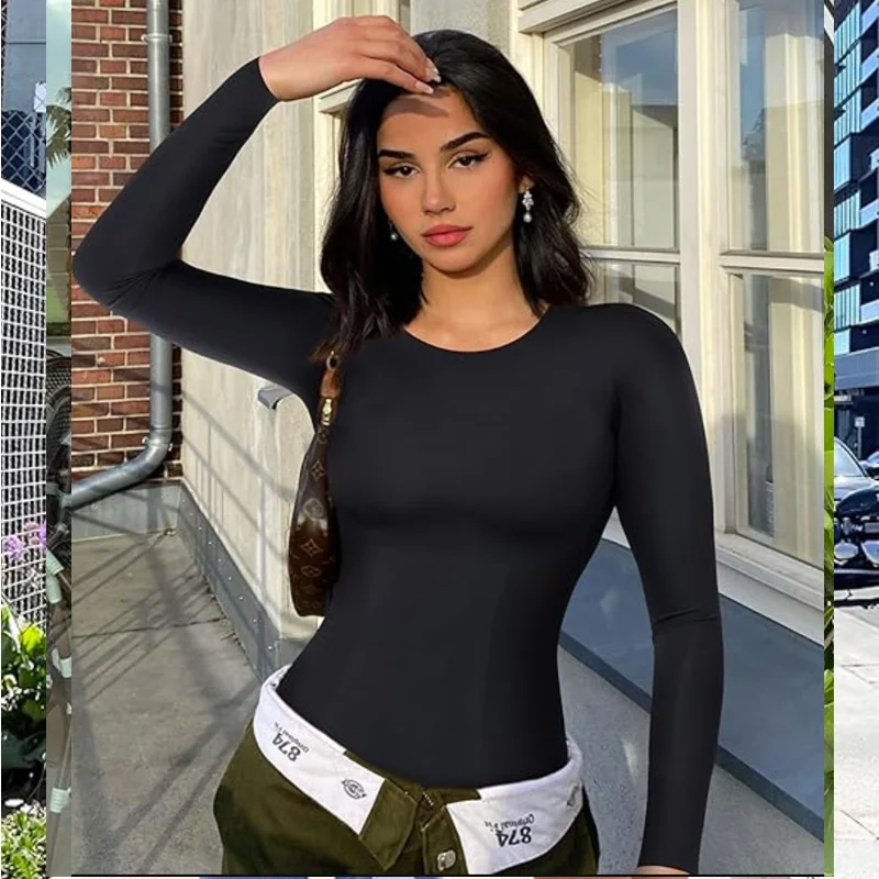 GUUDIA سلس كم طويل ارتداءها ملابس داخلية طاقم الرقبة محدد شكل الجسم دعوى البطن تحكم ثونغ قمصان سليم صالح المشكل القمم #5