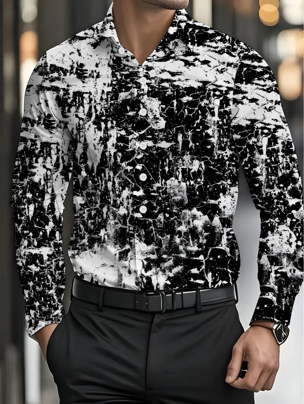

Men's Long Sleeve Shirt Mottled Pattern Print Casual Trendy Lapel Button Shirts Versatile Plus Size High Quality Men's Clothes
