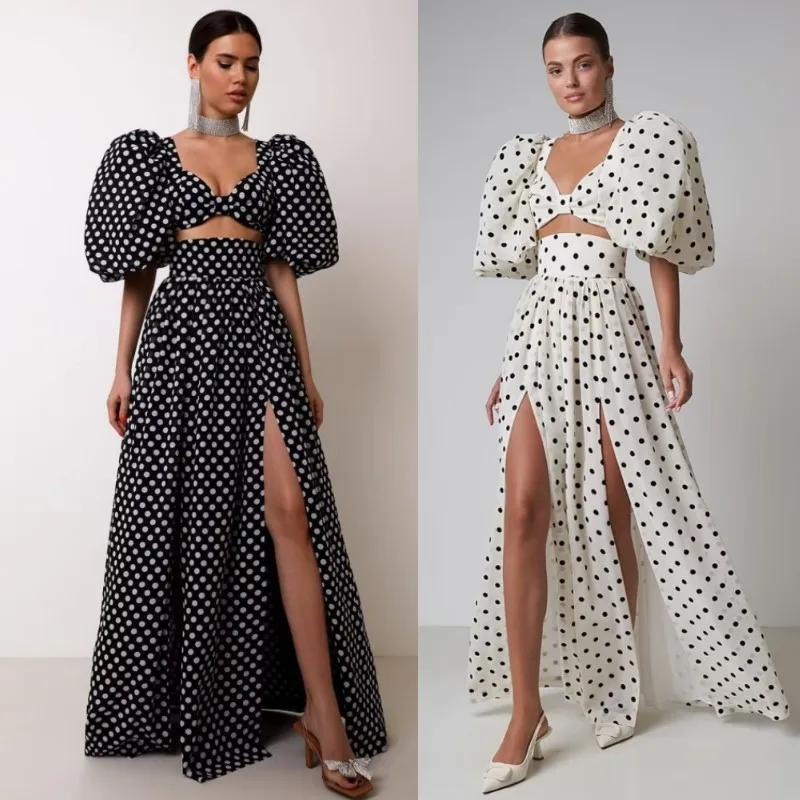 

Romantic Holiday Sexy Polka Dot Bubble Sve Beach Vaion Outfit High Waist Split Skirt Faionable Women's Set
