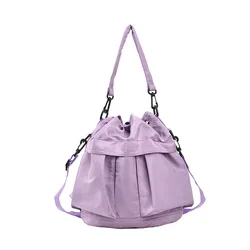 Casual Nylon Bucket Crossbody Bag Ladies Drawstring Multi Pocket Shoulder Bag Korean Women Shopping Portable Purple Phone Purse