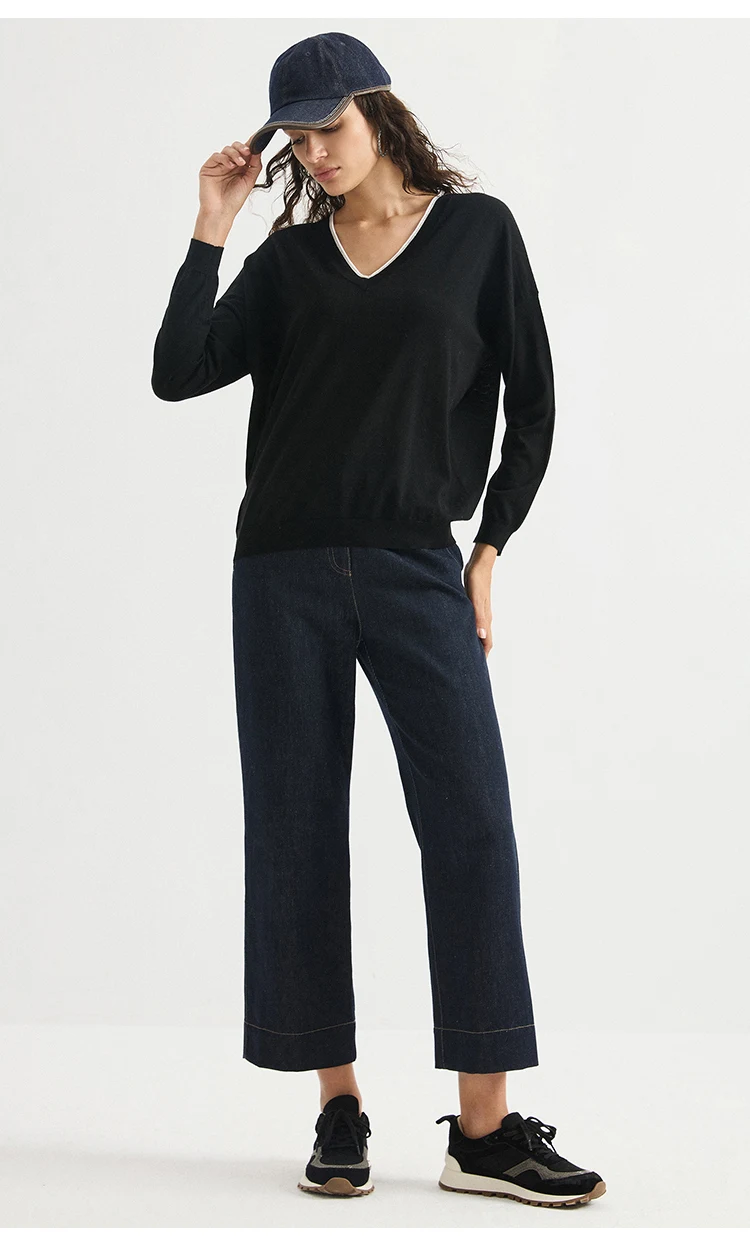 BD3621781 Damen 100% Wolle Oversized V-Ausschnitt Pullover Langarm Kontrastbesatz V-Form Kette Zweifarbig Entspannter Luxus Herbst – Detail 12