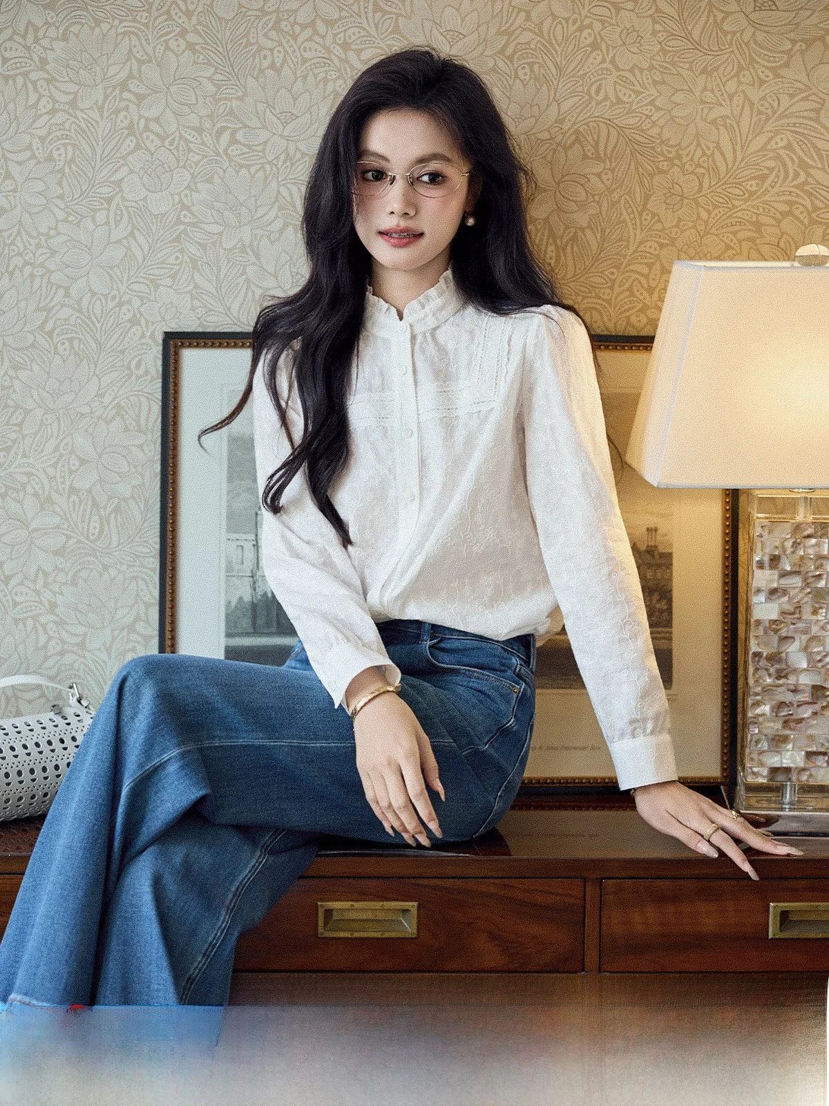 

White Long Sve Lace Design Commute irt Women's Straight Cut Pure Cotton Breathable Spring Autumn New Sle Button up Top