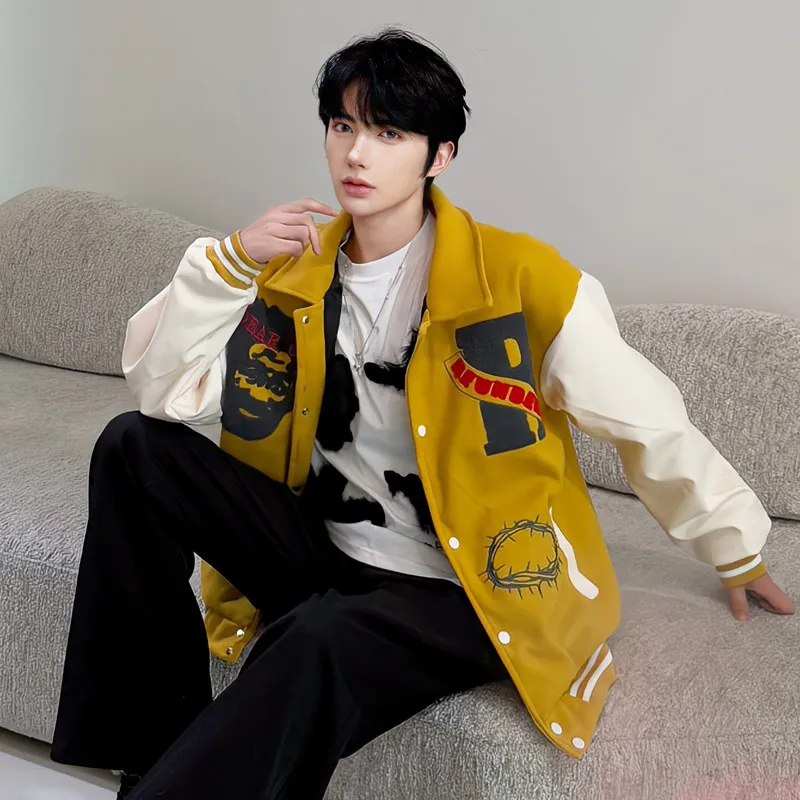 

Мужская демисезонная куртка свободного кроя в стиле американского хип-хопа, дизайнерская, из плотной шерсти, с цветными вставками, для молодежи