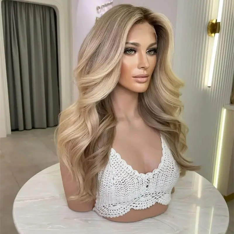 Women's Wig 13x4 Ombre Ash Blonde Brown Synthetic HD Lace Front Wig Heat Fibre Wig Small Large Size Cap Party Daily Cosplay Wig