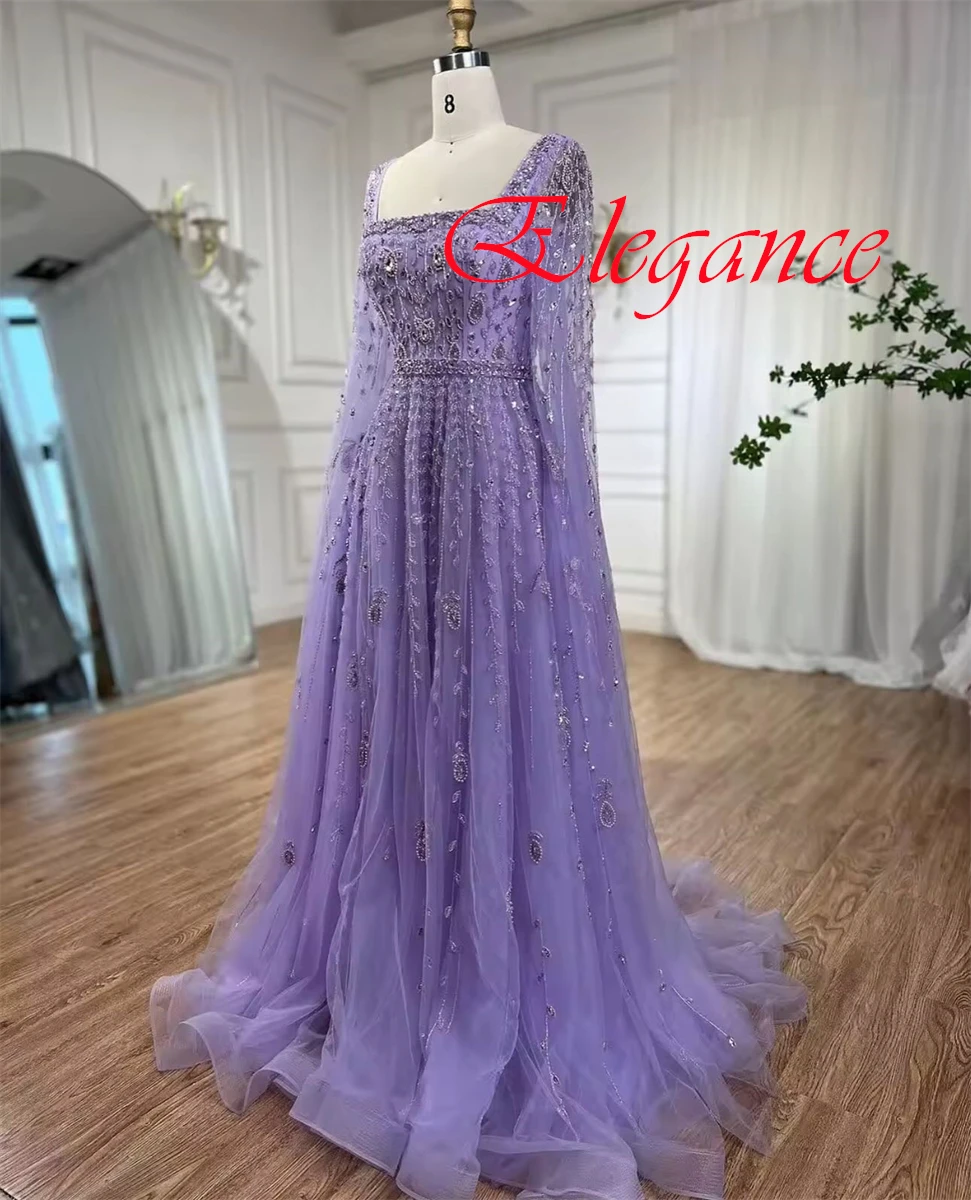Customized Delicate Light Purple Organza Evening Dress  Graceful Square Collar Long Sleeves Zipper Back Crystal Homecoming Dress