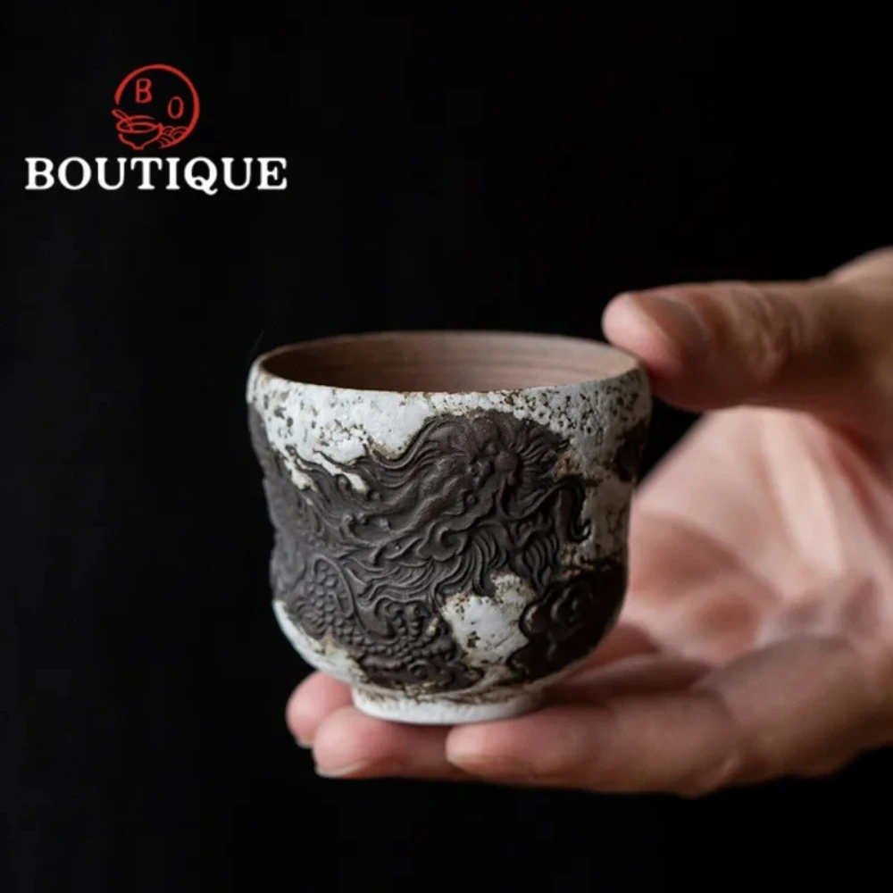 

70ml Gourd Cup Japanese Old Rock Clay Powder Ceramic Tea Cups Handmade Relief Creative Personal Master Single Coarse Pottery
