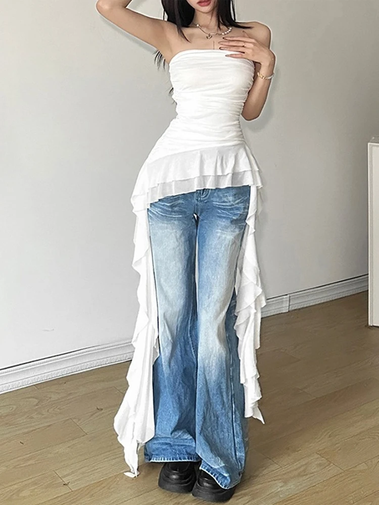 Ruched Strapless Long Mesh Top with Flowing Sash, Slimming and No Shoulder Strap
