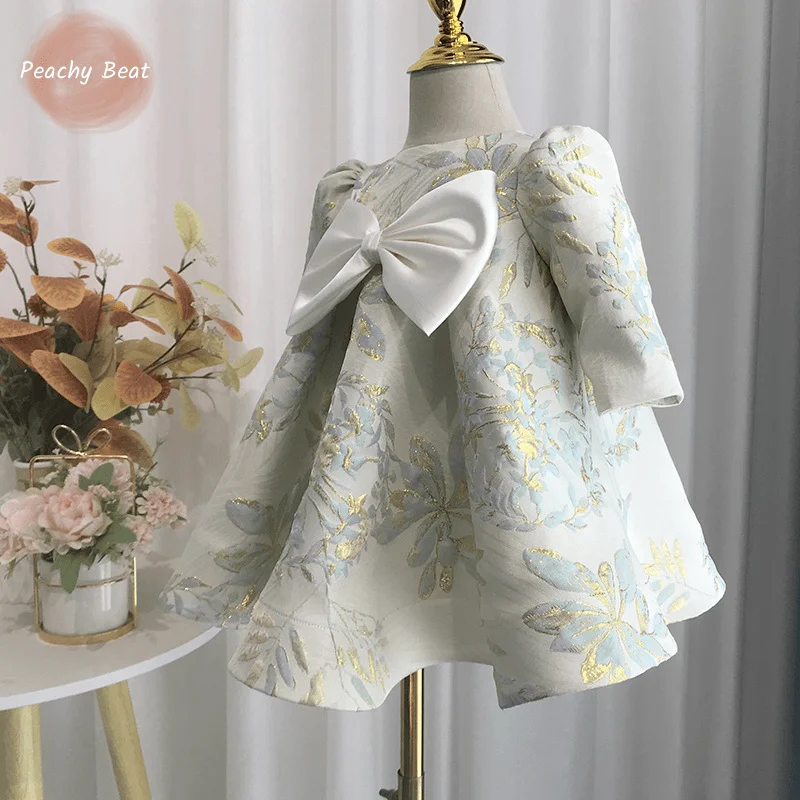 

Baby Girl Princess Satin Dress Infant Toddler Child Vintage Bow Long Sleeve Vestido Party Pageant Birthday Baby Clothes 1-12Y